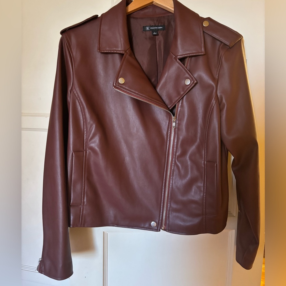 INC Women's Faux-Leather Jacket in peach size large